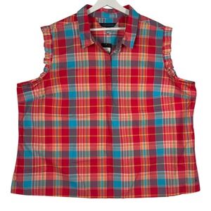 Tommy Hilfiger Womens 2X Red Blue Plaid Sleeveless Ruffle Button Top NWT